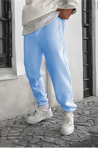 DUBU BUTİK Smile Face Baby Blue Jogger Thin Sweatpants - Λεπτομέρεια εκτύπωσης ποδιών Λαστιχένιο πόδι με στάμπα casual στυλ