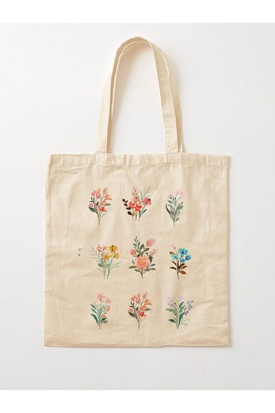 w house Gusseted Cloth Shoulder Bag 01455 - Watercolor Flower Bouquet Set