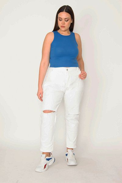 Şans Women's Large Size White Ripped Detailed Lycra-Free Denim Trousers 65N36836