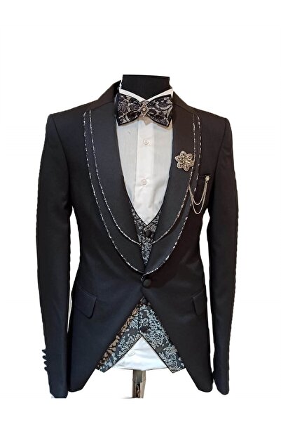 MASERTO Slim Fit Siyah Özel Dikim Damatlık