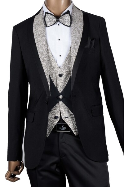 MASERTO Slim Fit Beyaz Yelekli Özel Siyah Damatlık Çiçek Desenli
