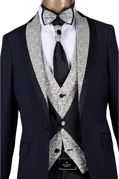 MASERTO Slim Fit Beyaz Yelekli Özel Lacivert Damatlık Çiçek Desenli