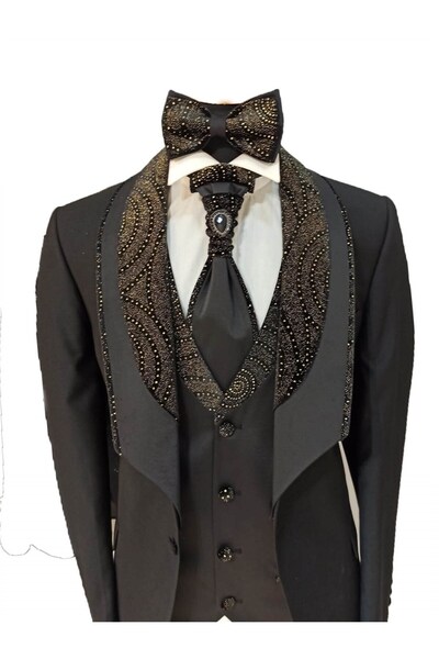 MASERTO Slim Fit Siyah Özel Dikim Damatlık