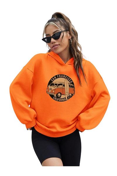 BENROMA Unisex San French Printed Orange Hooded Sweat
