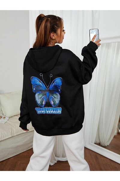 Mythologie Μαύρο φούτερ Unisex με στάμπα πεταλούδας oversize