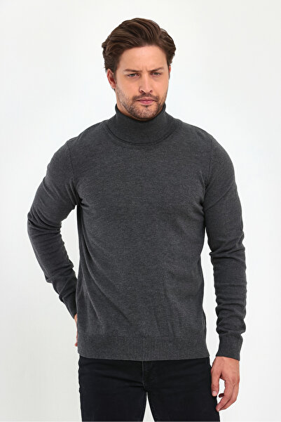 Lafaba Ανδρικό πουλόβερ με ζιβάγκο από ανθρακί Basic πλεκτό