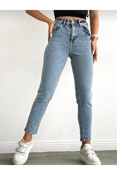 MAKRAS EXCLUSIVE Pantaloni Mom Jeans cu talie înaltă Lycra albastru deschis