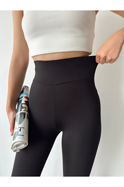 schlank Dámské černé fleecové punčochové kalhoty s vysokým pasem a širokým páskem