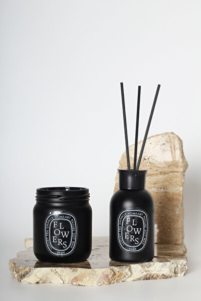 homeartplus Beyaz Çiçek Kokulu Siyah Kavanoz Mum Ve oda kokusu seti