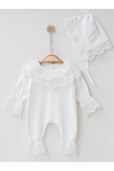 Melekpare Baby Girl Rompers Luxury Lace Detailed Laced 100% Cotton Hat Set of 2 Baby Birth Gift