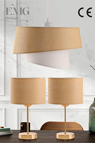 Emg DesiGn Kumaş Manolya Modern Tekli Avize ve 2 Li Abajur Seti