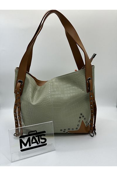 DSN Star Patterned Crocodile Green Tan Hand and Shoulder Bag