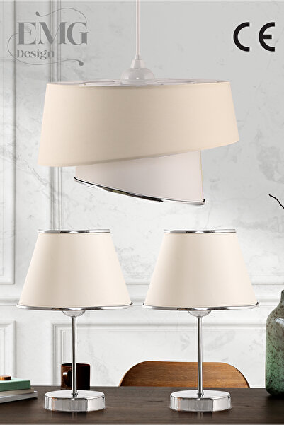 Emg DesiGn Kumaş Manolya Modern Tekli Avize ve 2 Li Abajur Seti