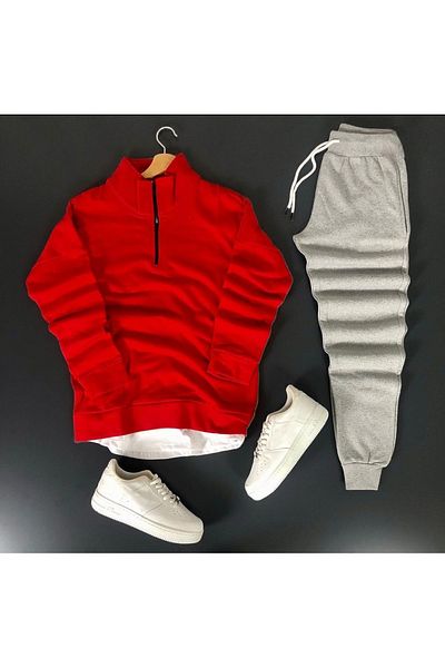 NewCabin Jumătate cu fermoar Bumbac Negru Sweat-bumbac Pantaloni de trening negri Set Fund