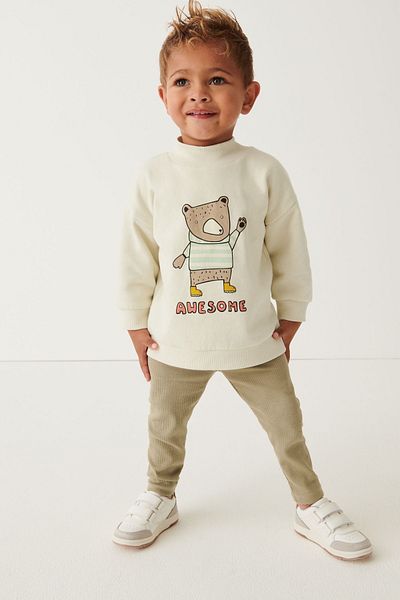 Next Baby 100 Cotton Beige Bo Bear Patterned Jogger Top and Bottom Set