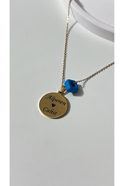 Alışveriş Bekçisi Çelik İsim yazılı ince zincirli boncuklu yuvarlak plaka kolye