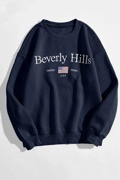 MODAGEN Beverly Hills uniszex legénységi nyakú sötétkék oversize pulóver