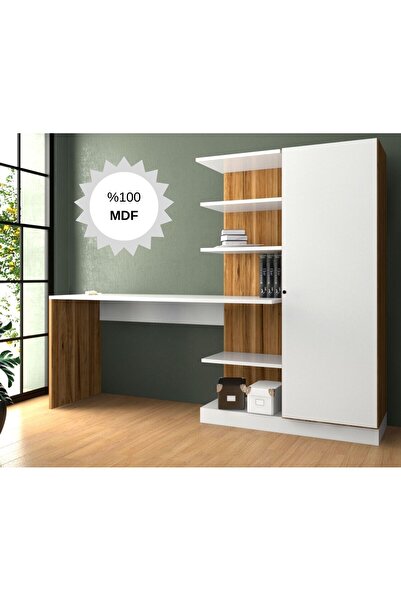 Bicabin Mdf Narin Raflı Dolaplı Çalışma Masası Atlantik Çam/beyaz