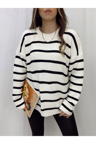 Laluvia Sweter oversize z dzianiny Selanik w biało-czarne paski