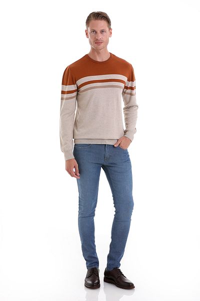 Hatemoğlu Beige Comfort Fit Patterned Cotton Crew Neck Casual Knitwear Sweater