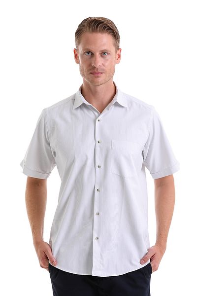 Hatemoğlu Gray Classic Fit Striped Cotton Slim Collar Short Sleeve Classic Shirt
