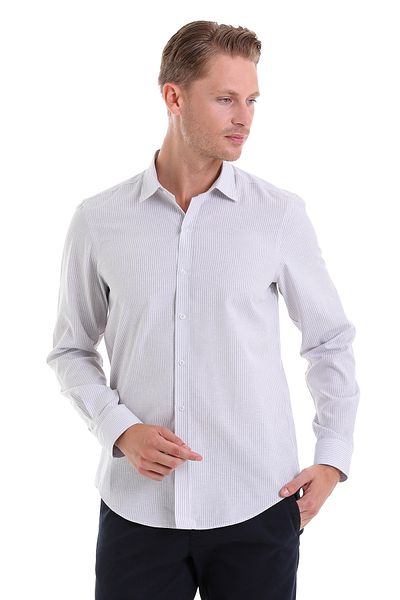 Hatemoğlu Gray Comfort Fit Striped Cotton Slim Collar Long Sleeve Sports Shirt