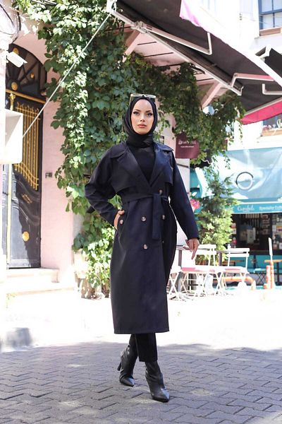 Pamuk Butik Γυναικεία καμπαρντίνα με ζώνη και τσέπες μαύρη