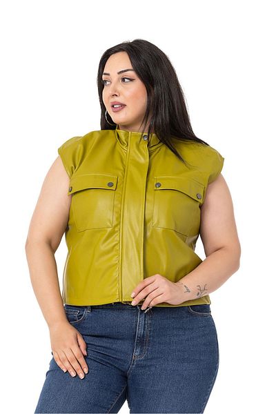 DISENTIS MODEST Large Size Leather Short Pistachio Green Vest with Drawstring Detail and Pockets