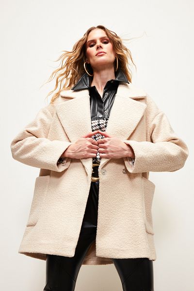 Sateen Wide Pocket Boucle Coat - BEIGE