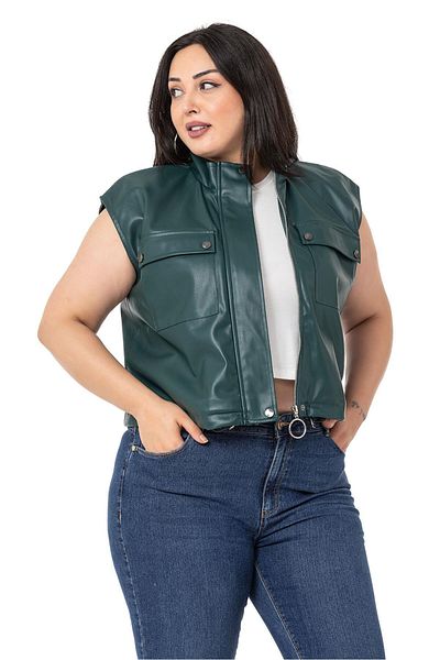 DISENTIS MODEST Large Size Leather Short Khaki Vest with Drawstring Detail and Pockets