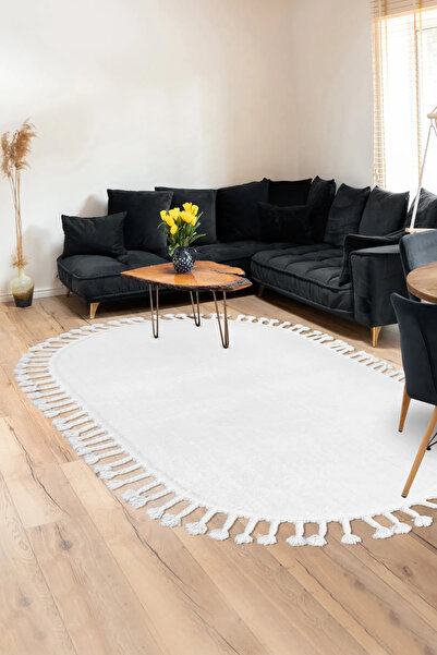 LİNOS HOME Beyaz Fluffy Örgü Saçaklı Oval Post Peluş Halı Antibakteriyel Kaym...