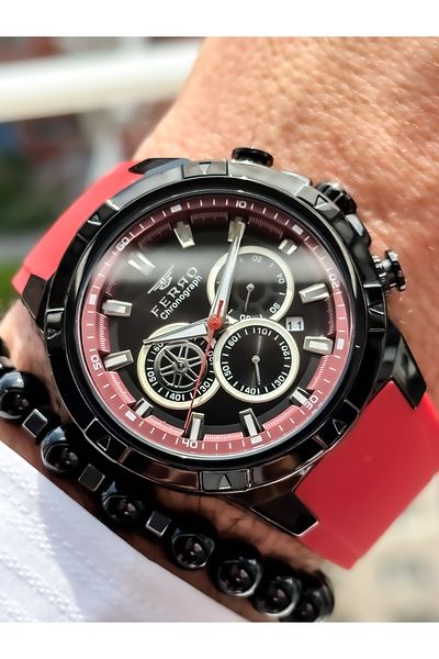 FERRO Brand Red Color, Silicone Band, Sports Wristwatch with Calendar + Bracelet