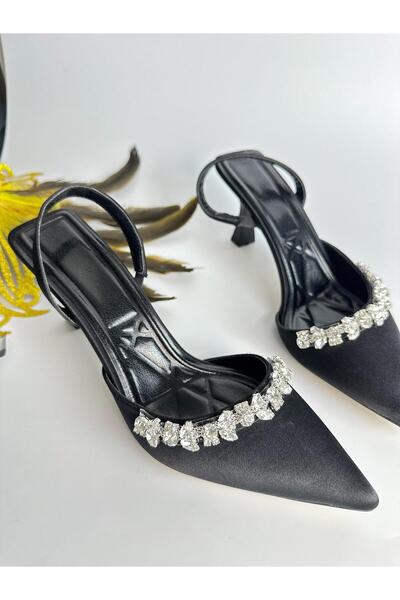Gloriys Ayakkabı & Çanta Toc negru satinat 6 cm cu strasuri 0560