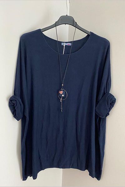 AYASOFYA OTANTIK Γυναικείο ιταλικό μπλε ναυτικό κολιέ Casual Oversize Πλεκτό μπλούζα με στρογγυλή λαιμόκοψη