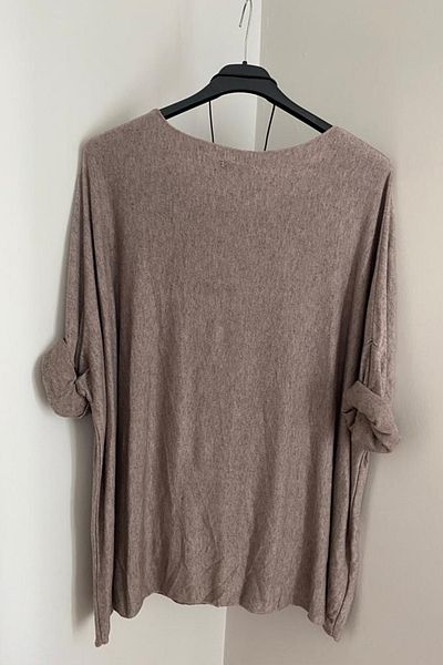 AYASOFYA OTANTIK Στρογγυλή λαιμόκοψη Casual Oversize Πλεκτή Μπλούζα - Ιταλικό Μινκ Κολιέ με Αξεσουάρ