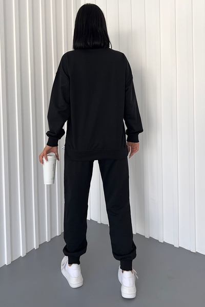 lovebox Two Thread Cotton Fabric Side Zipper Garni and Leg Detail Long Sleeve Black Tracksuit 300