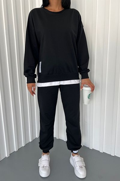 lovebox Two Thread Cotton Fabric Side Zipper Garni and Leg Detail Long Sleeve Black Tracksuit 300