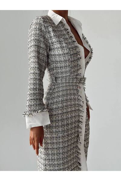 hillone Μίντι Φόρεμα με Ζώνη από Tweed