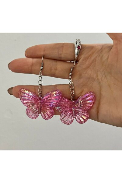 sleyshop Koyu Pembe Renk Hologramlı Kelebek Küpe