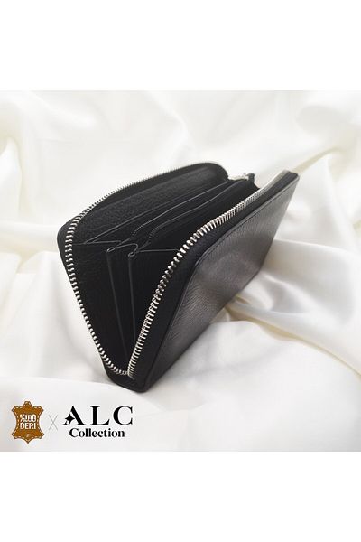ALC Collection Black Color Zippered Luxury Genuine Leather Large Size Women's Wallet
