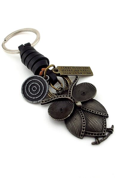 Solfera Big Eyed Owl Black Real Leather Metal Keychain KC039