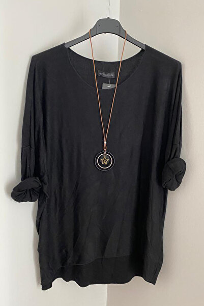 AYASOFYA OTANTIK Bluză de damă din tricot negru italian cu accesorii colier