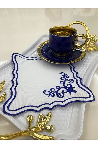 AYNAKIŞÇEYİZ Set de 6 șervețele și pahare din in brodat cu model dublu de broderie Maras