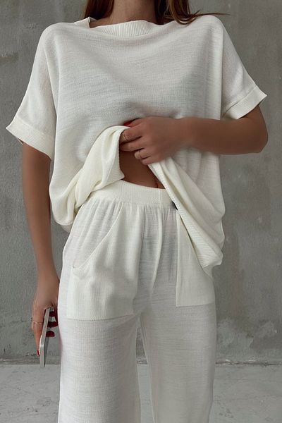 lovebox Sleeveless Round Collar White Knitwear Top and Pocket Detailed White Knitwear Trousers White Top and Bottom Set 070