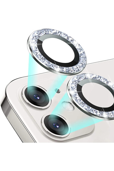 Genel Markalar Iphone 11/12/12 Mini Uyumlu Swarowski Taşlı Silver Kamera Lens...