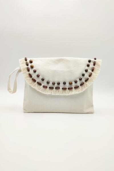 Riluna Ahşap Boncuklu Krem Clutch Çanta