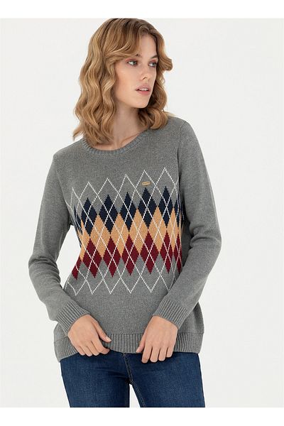 U.S. Polo Assn. BASE. Polo Assn. Crew Neck Regular Fit Gray Melange Sweater Women GOLAS