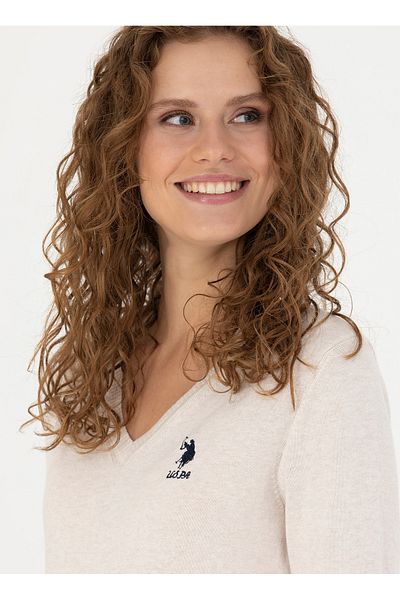 U.S. Polo Assn. BASE. Polo Assn. V-Neck Slim Fit Ecru Sweater Women GTD02-BSK23