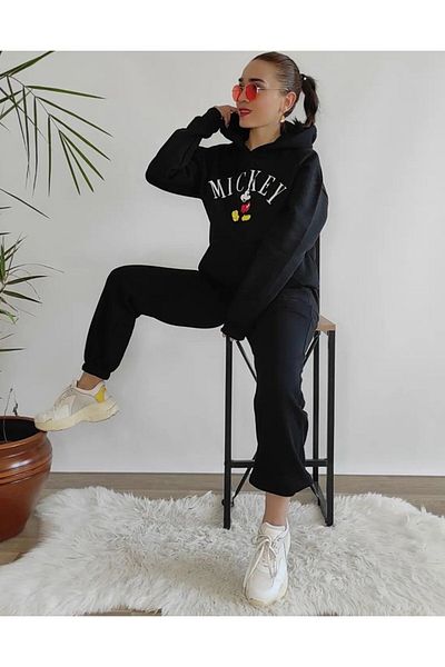 DUBU BUTİK Σετ αθλητικής φόρμας Mickey Font Figure Φούτερ Jogger - Μαύρη στάμπα Oversize Raster Hooded