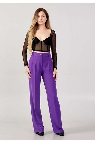 EXPLOSION Women's High Waist Woven Fabric Comfortable Casual Purple Pants EXP42399-PURPLE